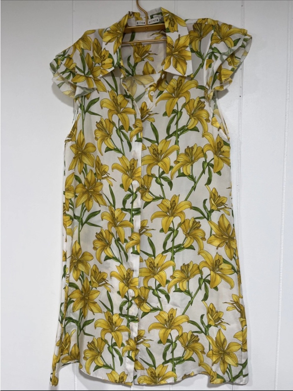 Alice + Olivia Yellow Lily Print Shirt Dress Silk Blend Size S summer dress - Picture 4 of 11